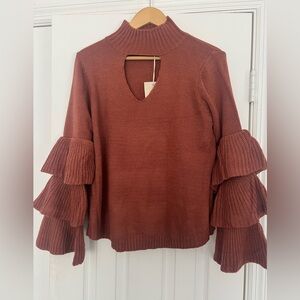 IJOAH Elegant Rust Cut Out Sweater with Ruffled Sleeves